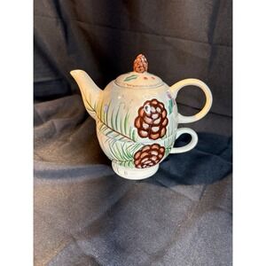Vintage Pinecone Holly Teapot and Cup Set Hand Painted Ceramic Christmas Holiday